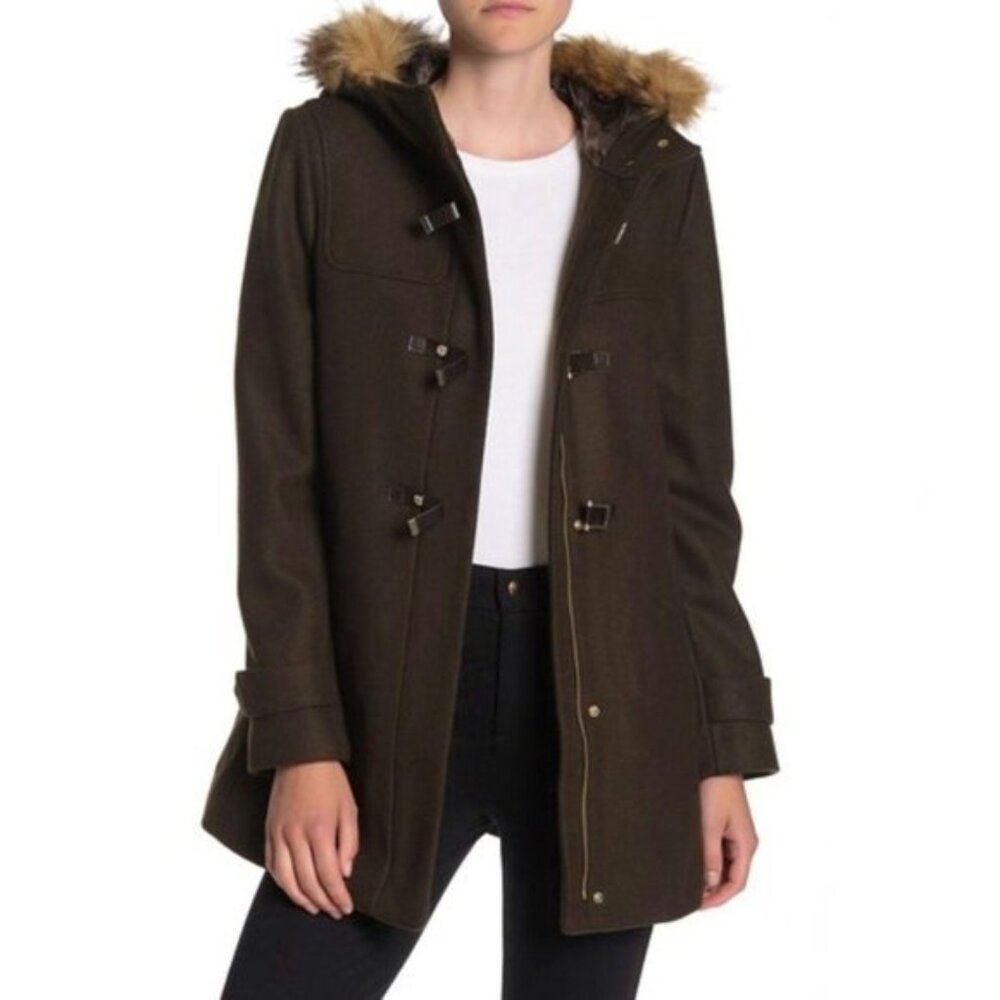 Cole Haan Loden Faux Fur Hooded Coat Zip Placket - Size 2